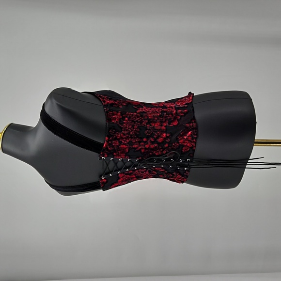 Frederick's of Hollywood Black Red Velvet Corset Eyehook Closure Lace-up Medium - Picture 5 of 11